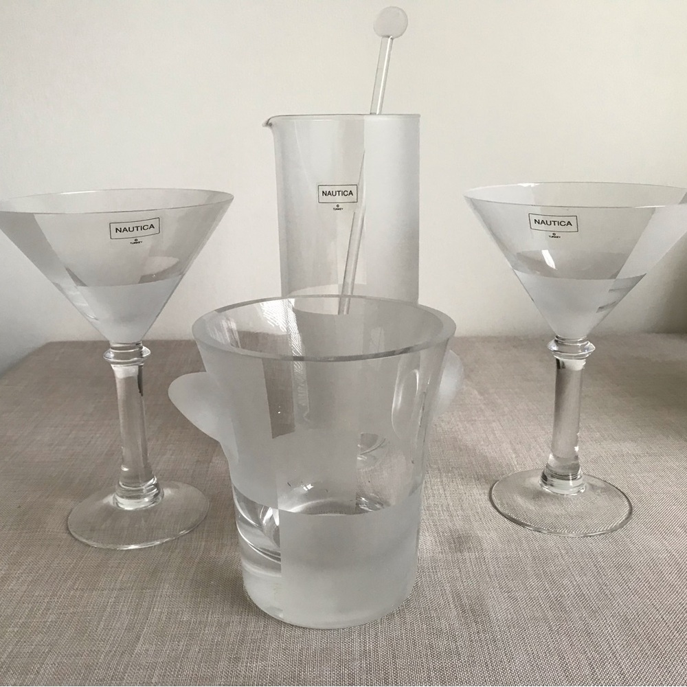 Nautica Frost-Block Martini 5 Pc Set - Clear Frost Barware RARE FIND Vintage New